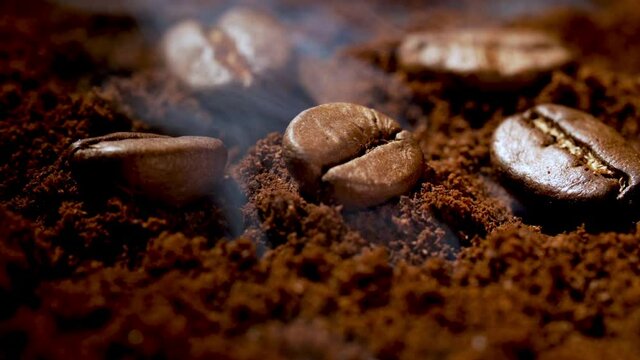 roasted ground, coffee beans with smoke