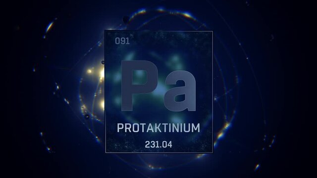 Protactinium as Element 91 of the Periodic Table. Seamlessly looping 3D animation on blue illuminated atom design background orbiting electrons name, atomic weight element number in German language