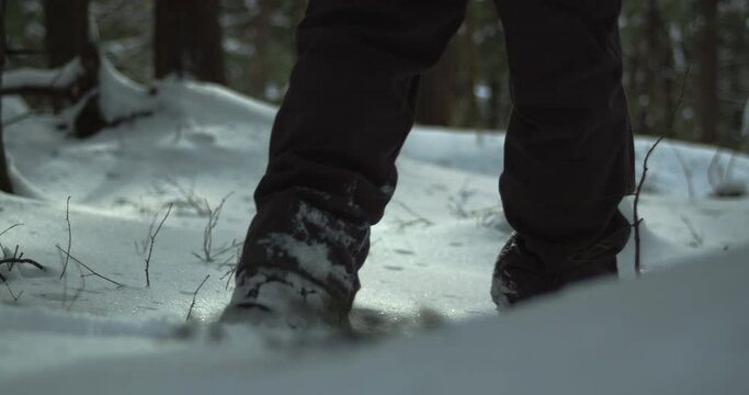 Boots hiking through fresh snow in forest, close up