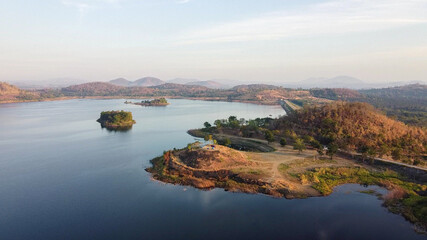  Aerial drone topview of  Kong Pha Pud Dam at Chantaburi province in Thailand.
