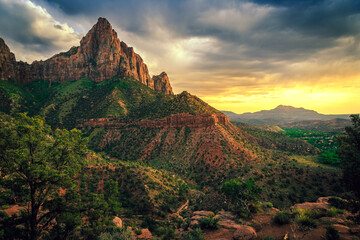 Sunset on the Watchman and Zion Canyon, Zion National Park, Utah
