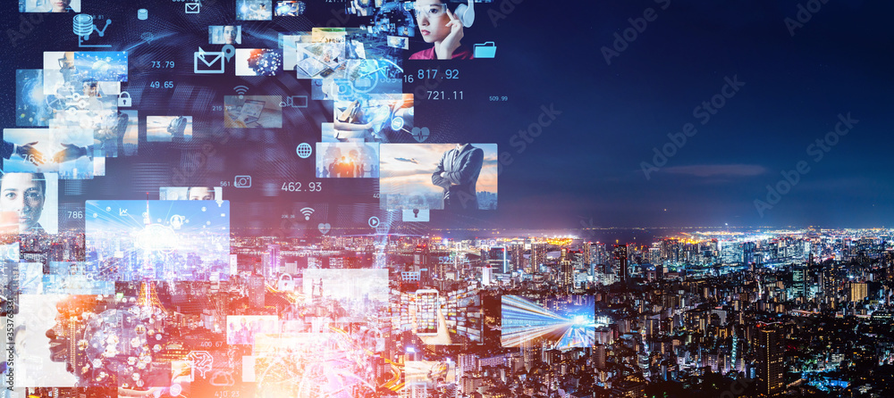 Poster Visual contents concept. Social networking service. Streaming video. communication network.