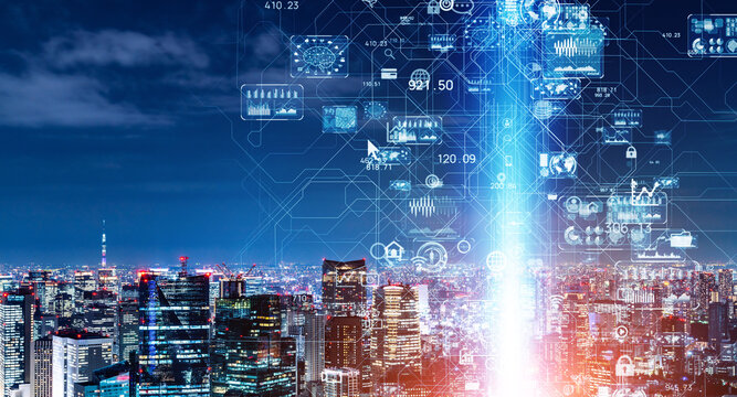 Smart city and communication network concept. 5G. IoT (Internet of Things). Telecommunication.