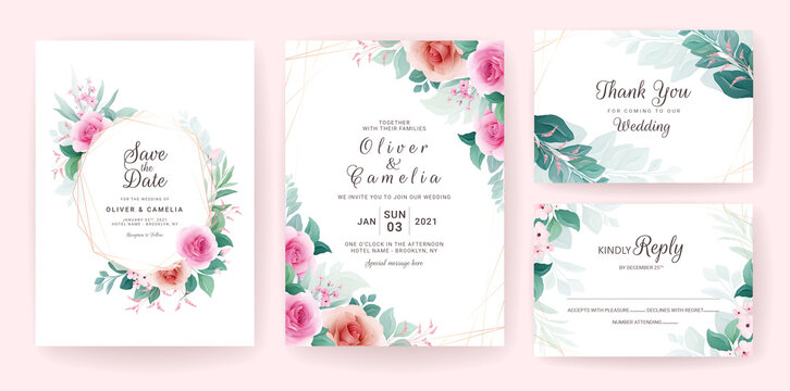 Set of wedding invitation template with floral frame, border, and gold line. Flowers composition vector for save the date, greeting, thank you, rsvp, etc