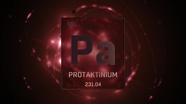 Protactinium as Element 91 of the Periodic Table. Seamlessly looping 3D animation on red illuminated atom design background orbiting electrons name, atomic weight element number in German language