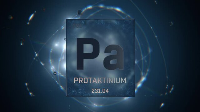 Protactinium as Element 91 of the Periodic Table. Seamlessly looping 3D animation on blue illuminated atom design background orbiting electrons name, atomic weight element number in German language