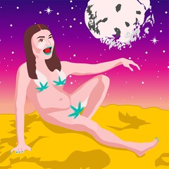 Naked girl looking at the moon and stars cannabis marijuana weed leaf night colourful