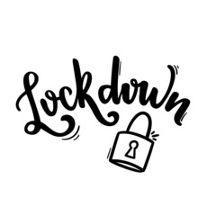 Lockdown Word in Hand Lettering Design With Padlock Draw. Vector.