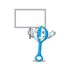 Cartoon picture of rattle toy mascot design style carries a board