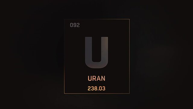 Uranium as Element 92 of the Periodic Table. Seamlessly looping 3D animation on grey illuminated atom design background orbiting electrons name, atomic weight element number in German language