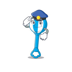 Police officer cartoon drawing of rattle toy wearing a blue hat