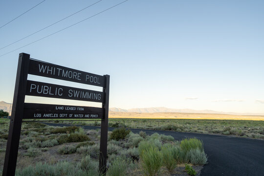  Sign for the Whitmore Pool public swimming area, near Mammoth Lakes California
