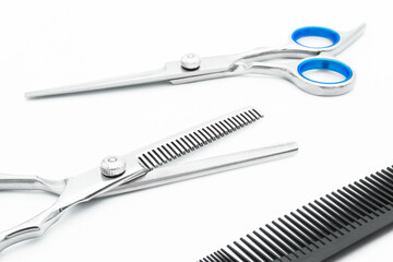 Hair scissors set hairdressing tools isolated on white background.