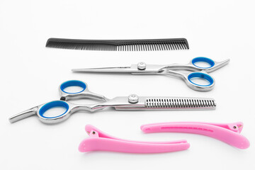 Hair scissors set hairdressing tools isolated on white background