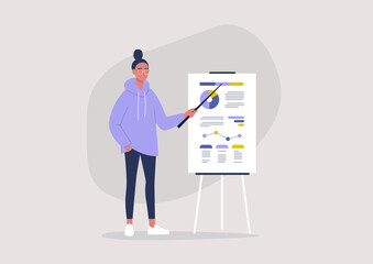 A young female manager presenting a project, statistics, infographics, big data, millennials at work