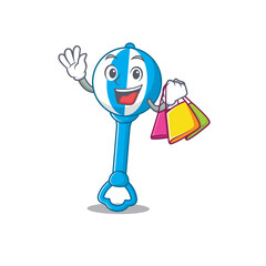 wealthy rattle toy cartoon character with shopping bags