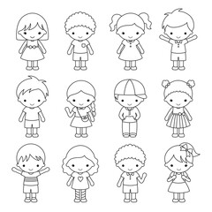 Outline children character for coloring. Boys and girls line art vector illustration.