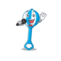 cartoon character of rattle toy sing a song with a microphone