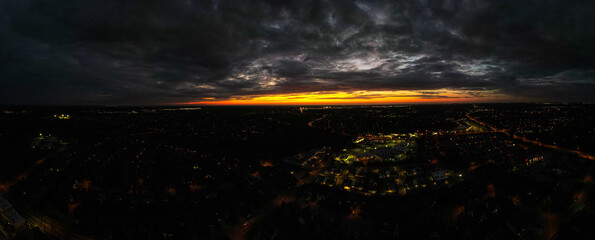 Aerial panoramic cityscape during dramatic sunset in Lexington, Kentucky