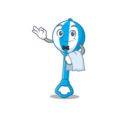 A cartoon picture of rattle toy waiter with a white napkin