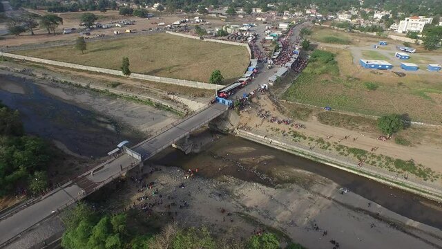 Aerial view along Dajabn bridge at border between Haiti and Dominican Republic