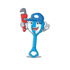 cartoon character design of rattle toy as a Plumber with tool