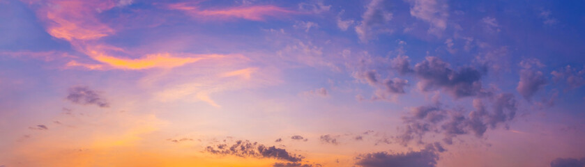 Twilight panorama sky background with colorful cloud in dusk. Panoramic image.