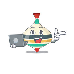 Smart cartoon character of top toy studying at home with a laptop