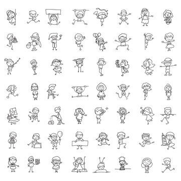 Set of hand drawing doodle happy kids cartoon character abstract people match stick style