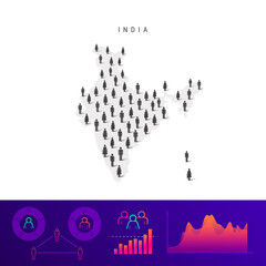 Indian people icon map. Detailed vector silhouette. Mixed crowd of men and women. Population infographics
