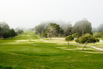 Fototapeta na wymiar Beautiful green golf course in foggy morning