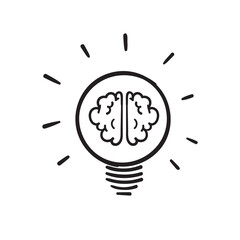 hand drawn Creative idea doodle line icon. Brain in light bulb vector illustration. Thin sign of innovation, solution, education logo.vector