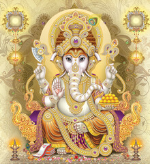 Hindu God Ganesh with decorated background , Indian God Ganesha