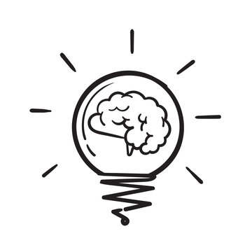 hand drawn Creative idea doodle line icon. Brain in light bulb vector illustration. Thin sign of innovation, solution, education logo.vector
