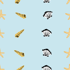seamless light blue sea shells and starfish pattern. repeating vector beach and ocean pattern.