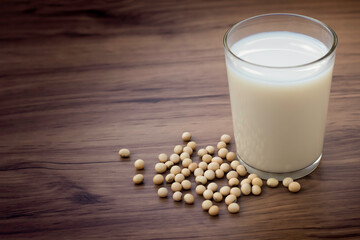 Closeup soy beans and glass of soy milk isolated on old wooden table background. Vintage style. Selective focus.