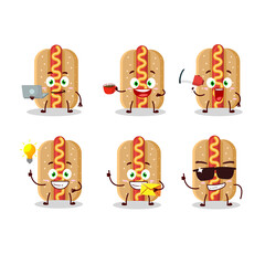 Hotdog cartoon character with various types of business emoticons