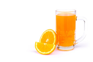 Closeup glass of fresh orange juice with whole and slice of tangerine or mandarin orange fruit and  green leaf isolated on white background.