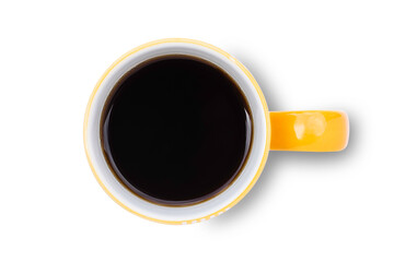 Closeup yellow mug of hot black coffee isolated on white background with clipping path. Top view. Flat lay.
