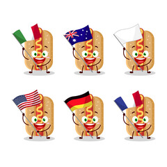 Hotdog cartoon character bring the flags of various countries