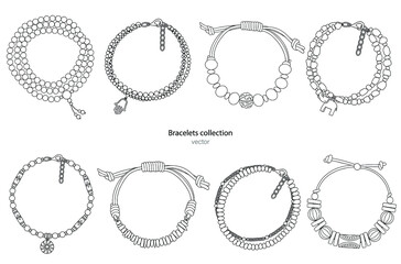 Collection of hand-made bracelets in ethnic style. Vector illustration isolated on a white background. - obrazy, fototapety, plakaty