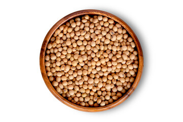 Closeup soy beans in wooden bowl  isolated on white background with clipping path. Overhead view. Flat lay.