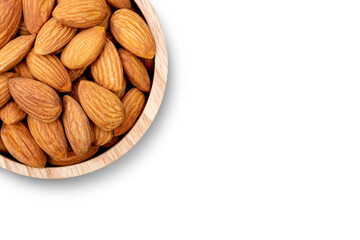 Closeup almond nuts and almond slice isolated on white background. Full depth of field.