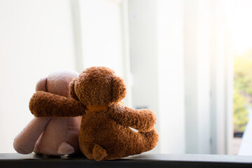 Two brown couple teddy bear with cloth dressing sitting on the terrace with sunlight.
