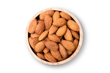Closeup almond nuts in wooden bowl isolated on white background with clipping path. Overhead view. Flat lay.