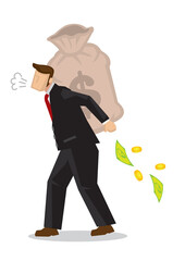 Businessman with a sack of money with a broken wallet.