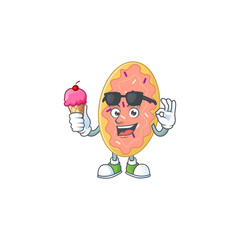 Happy face of bread cartoon mascot having an ice cream
