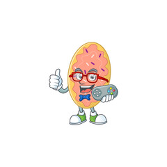 Cartoon mascot design of bread play a game with controller