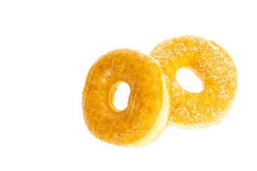 sugary donuts on white background.