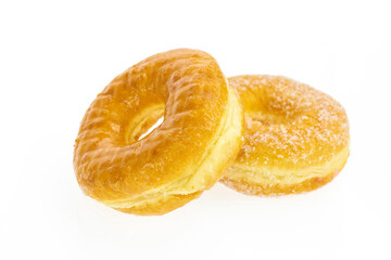 sugary donuts on white background.